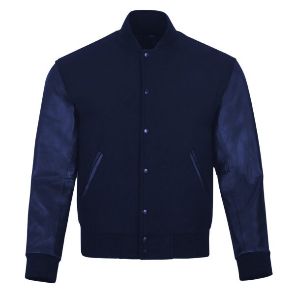 Navy Blue Leather Sleeve Varsity Jacket