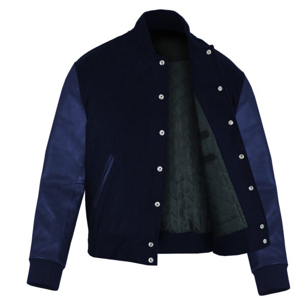 Navy Blue Leather Sleeve Varsity Jacket