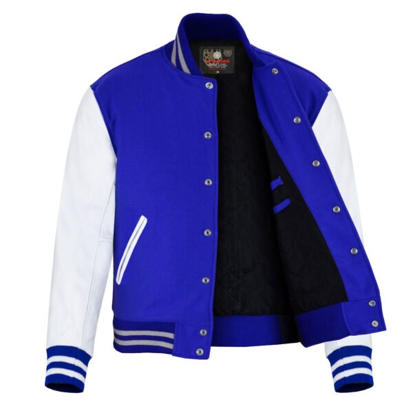 Royal Blue and White Leather Sleeve Varsity Jacket