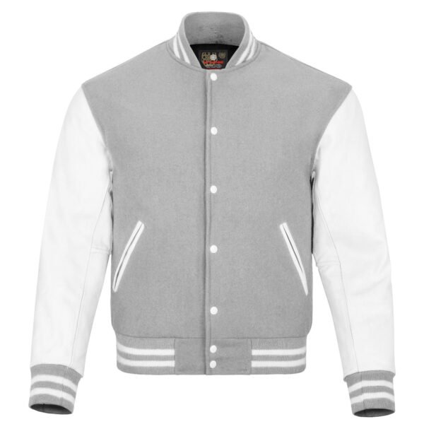 Grey and White Leather Sleeve Varsity Jacket