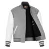 Grey and White Leather Sleeve Varsity Jacket