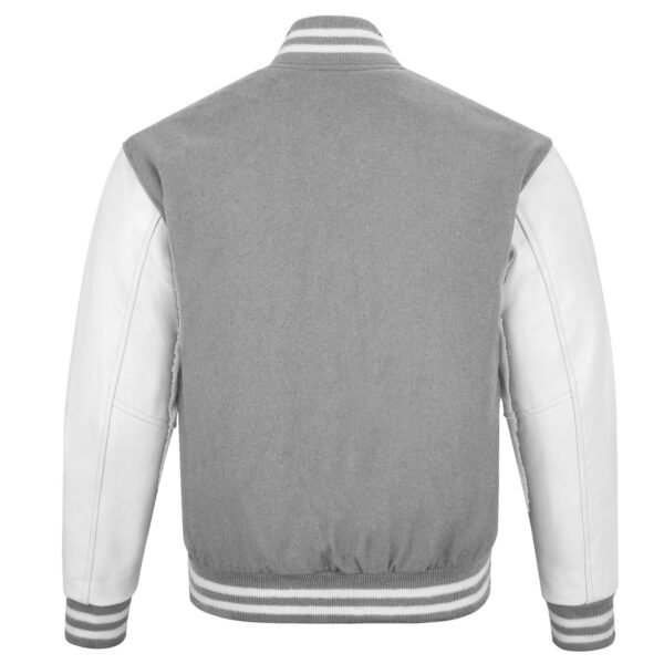 Grey and White Leather Sleeve Varsity Jacket