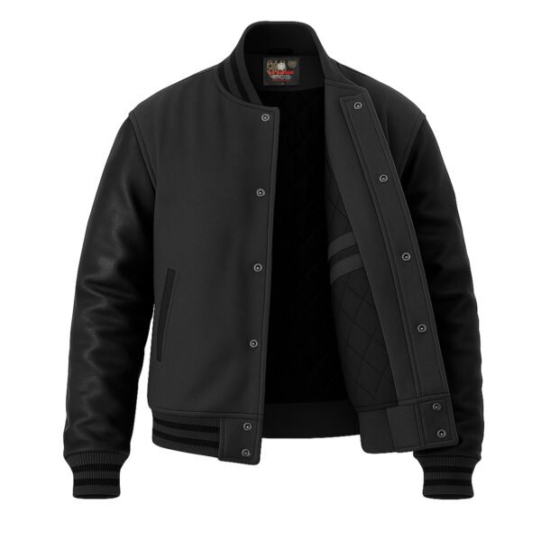 Dark Gray wool and Black Leather Sleeve Varsity Jacket