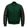 Forest Green wool and Black Leather Sleeve Varsity Jacket