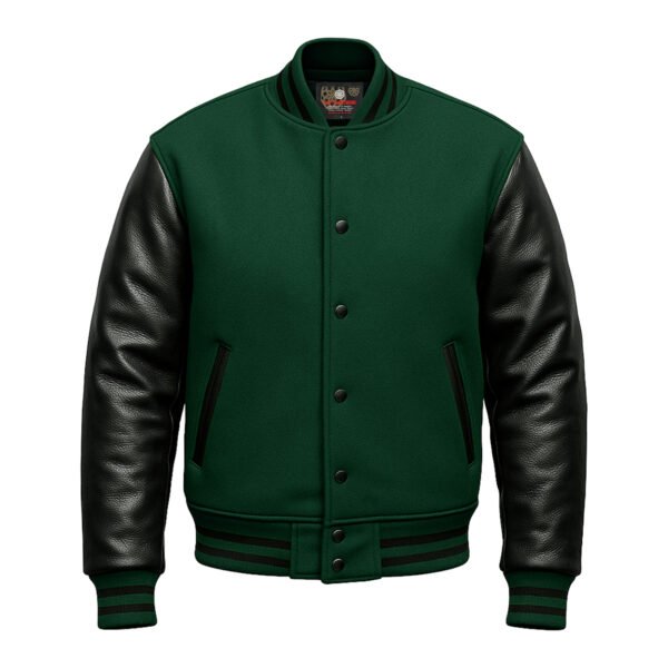 Forest Green wool and Black Leather Sleeve Varsity Jacket