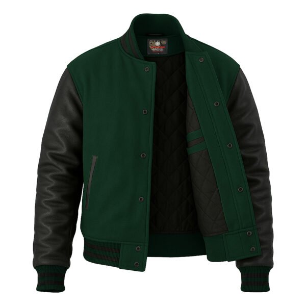Forest Green wool and Black Leather Sleeve Varsity Jacket