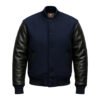 Navy Blue wool and Black Leather Sleeve Varsity Jacket