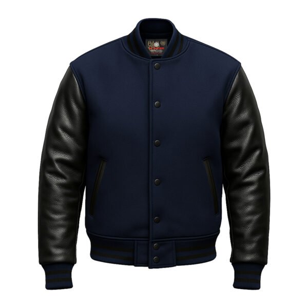 Navy Blue wool and Black Leather Sleeve Varsity Jacket