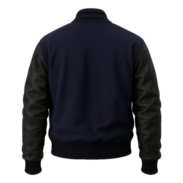 Navy Blue wool and Black Leather Sleeve Varsity Jacket