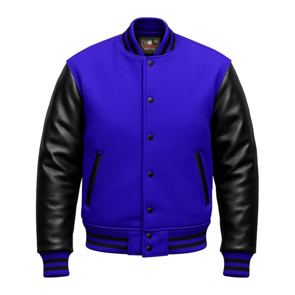 Royal Blue wool and Black Leather Sleeve Varsity Jacket