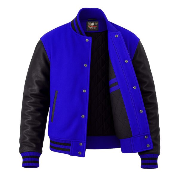 Royal Blue wool and Black Leather Sleeve Varsity Jacket