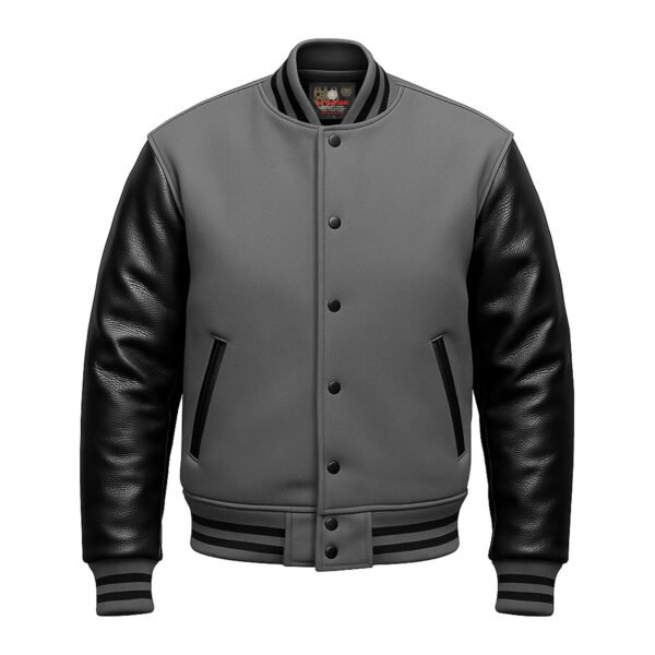 Grey wool and Black Leather Sleeve Letterman Varsity Jacket