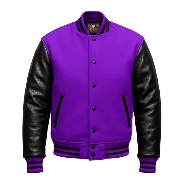 Purple wool and Black Leather Sleeve Varsity Jacket