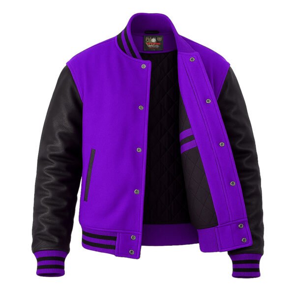 Purple wool and Black Leather Sleeve Varsity Jacket