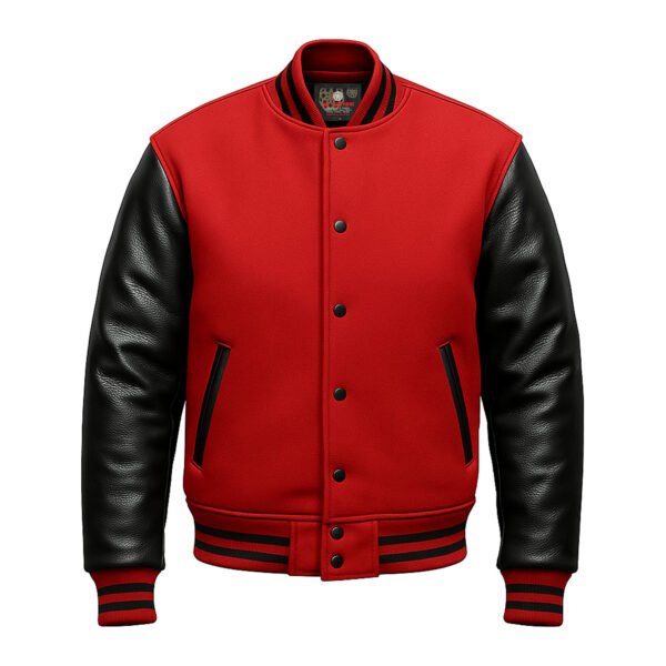 Red wool and Black Leather Sleeve Varsity Jacket
