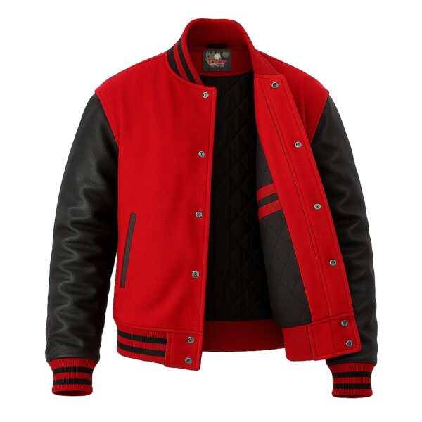 Red wool and Black Leather Sleeve Varsity Jacket