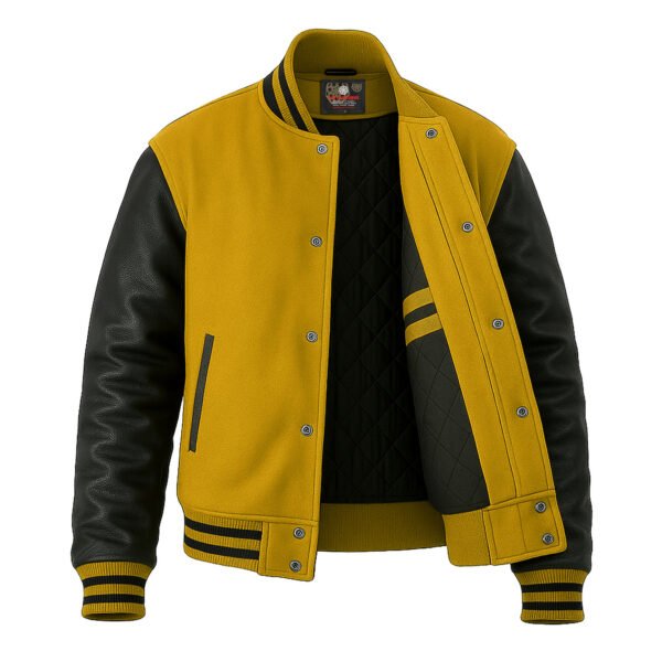 yellow wool and Black leather Sleeve Varsity Jacket