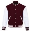 Maroon and White Leather Sleeve Varsity Jacket