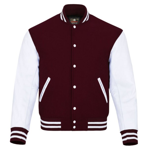Maroon and White Leather Sleeve Varsity Jacket