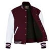 Maroon and White Leather Sleeve Varsity Jacket