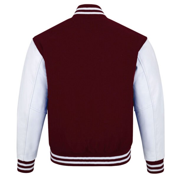 Maroon and White Leather Sleeve Varsity Jacket