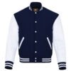 Navy Blue and White Leather Sleeve Varsity Jacket