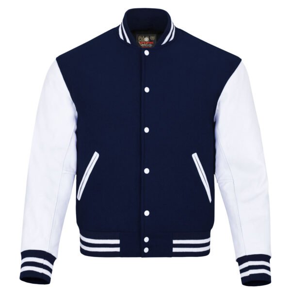 Navy Blue and White Leather Sleeve Varsity Jacket