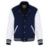 Navy Blue and White Leather Sleeve Varsity Jacket