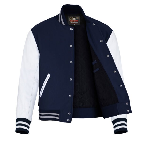 Navy Blue and White Leather Sleeve Varsity Jacket
