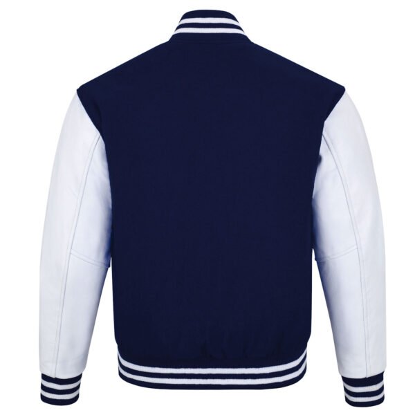 Navy Blue and White Leather Sleeve Varsity Jacket