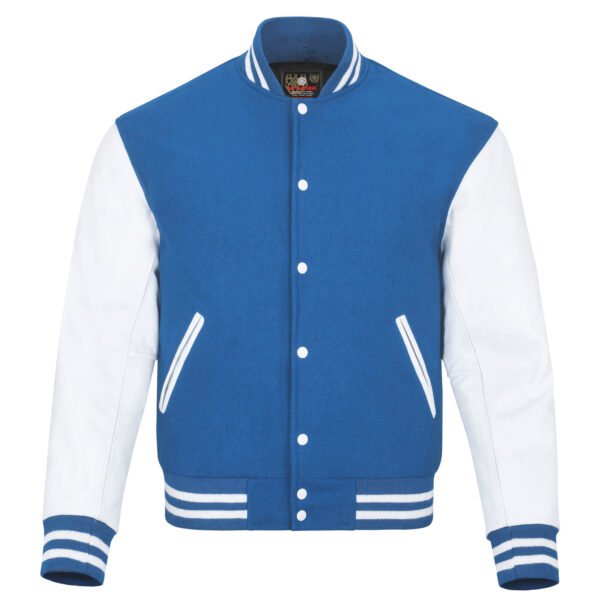 Sky Blue wool and White Leather Sleeve Varsity Jacket