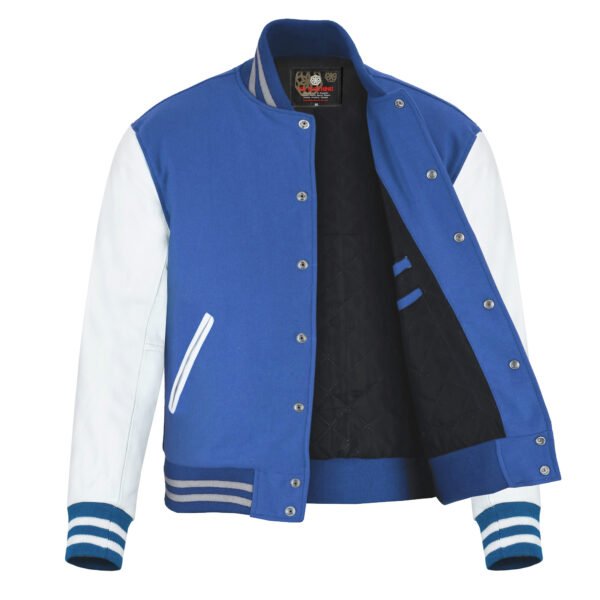 Sky Blue wool and White Leather Sleeve Varsity Jacket