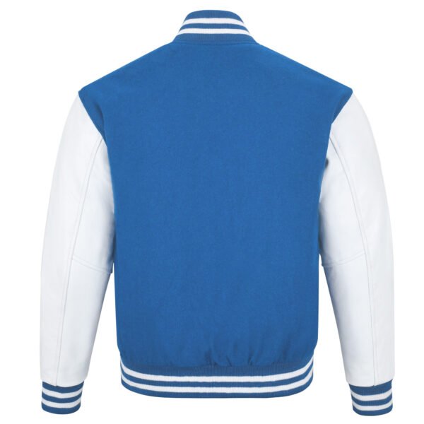 Sky Blue wool and White Leather Sleeve Varsity Jacket