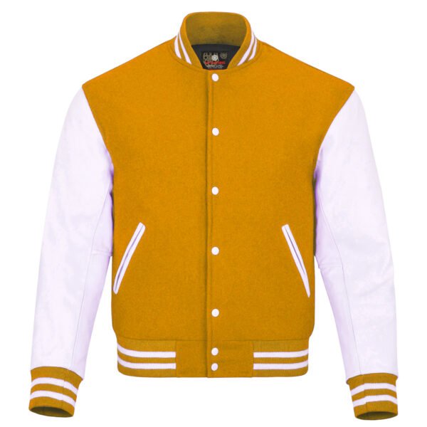 Yellow wool and White Leather Sleeve Varsity Jacket