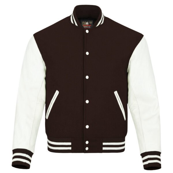 Dark Brown wool and White Leather Sleeve Varsity Jacket