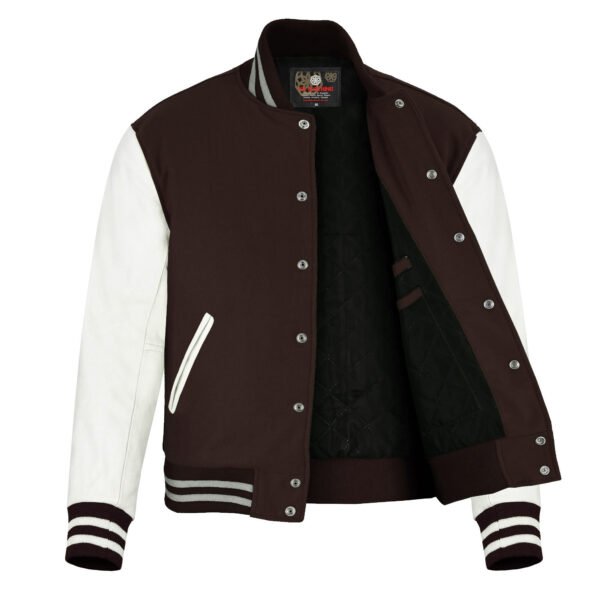 Dark Brown wool and White Leather Sleeve Varsity Jacket