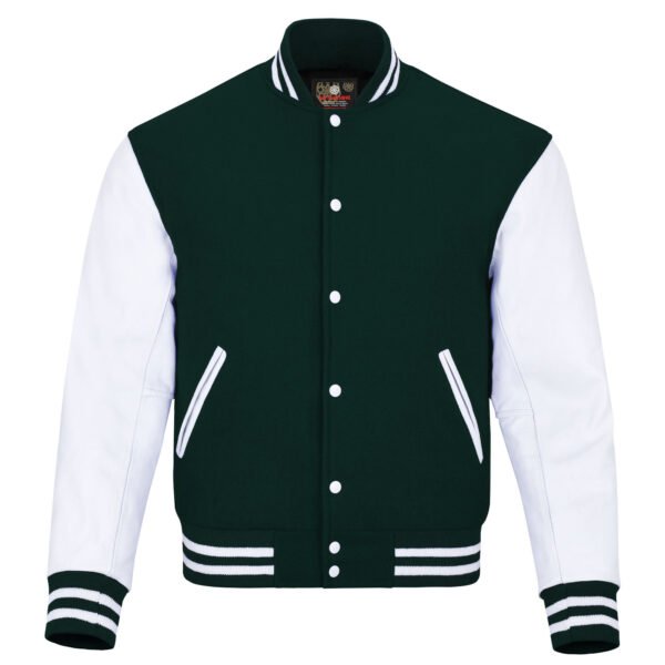 Forest Green and White Leather Sleeve Varsity Jacket