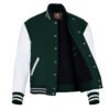 Forest Green and White Leather Sleeve Varsity Jacket