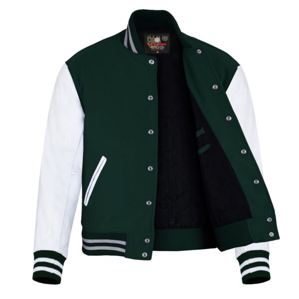 Forest Green and White Leather Sleeve Varsity Jacket