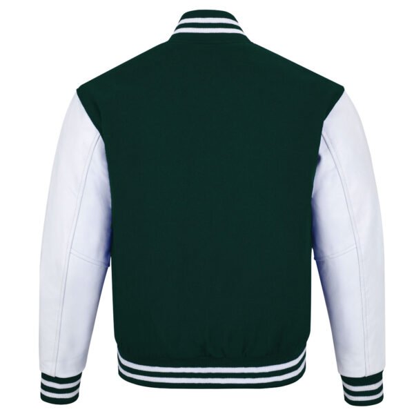 Forest Green and White Leather Sleeve Varsity Jacket