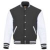 Dark Gray and White Leather Sleeve Varsity Jacket