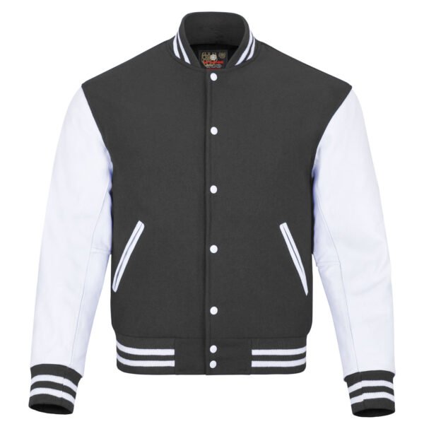 Dark Gray and White Leather Sleeve Varsity Jacket