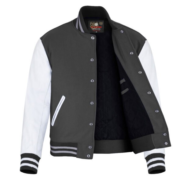 Dark Gray and White Leather Sleeve Varsity Jacket