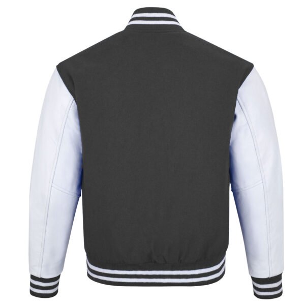 Dark Gray and White Leather Sleeve Varsity Jacket
