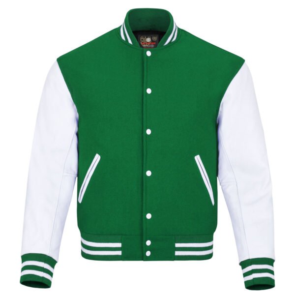 Kelly Green and White Leather Sleeve Varsity Jacket