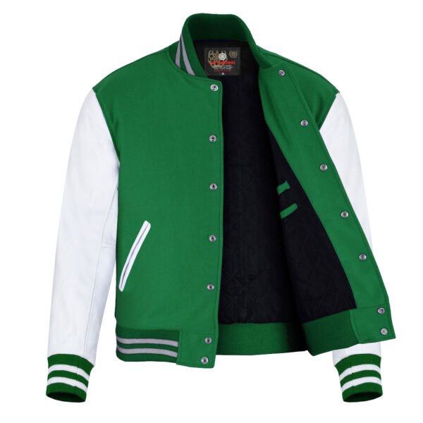 Kelly Green and White Leather Sleeve Varsity Jacket
