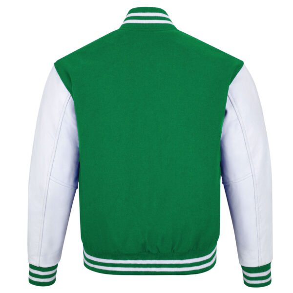 Kelly Green and White Leather Sleeve Varsity Jacket