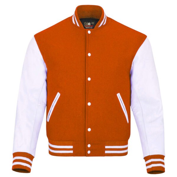 Orange and White Leather Sleeve Varsity Jacket
