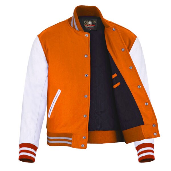 Orange and White Leather Sleeve Varsity Jacket