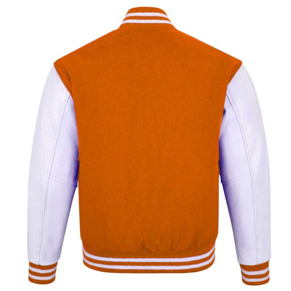 Orange and White Leather Sleeve Varsity Jacket